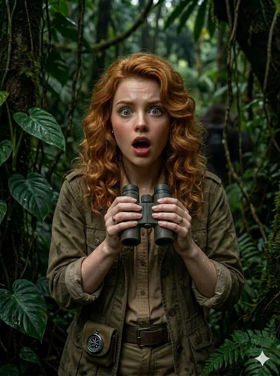 Sherrie, wide-eyed with fear, holding binoculars in the jungle